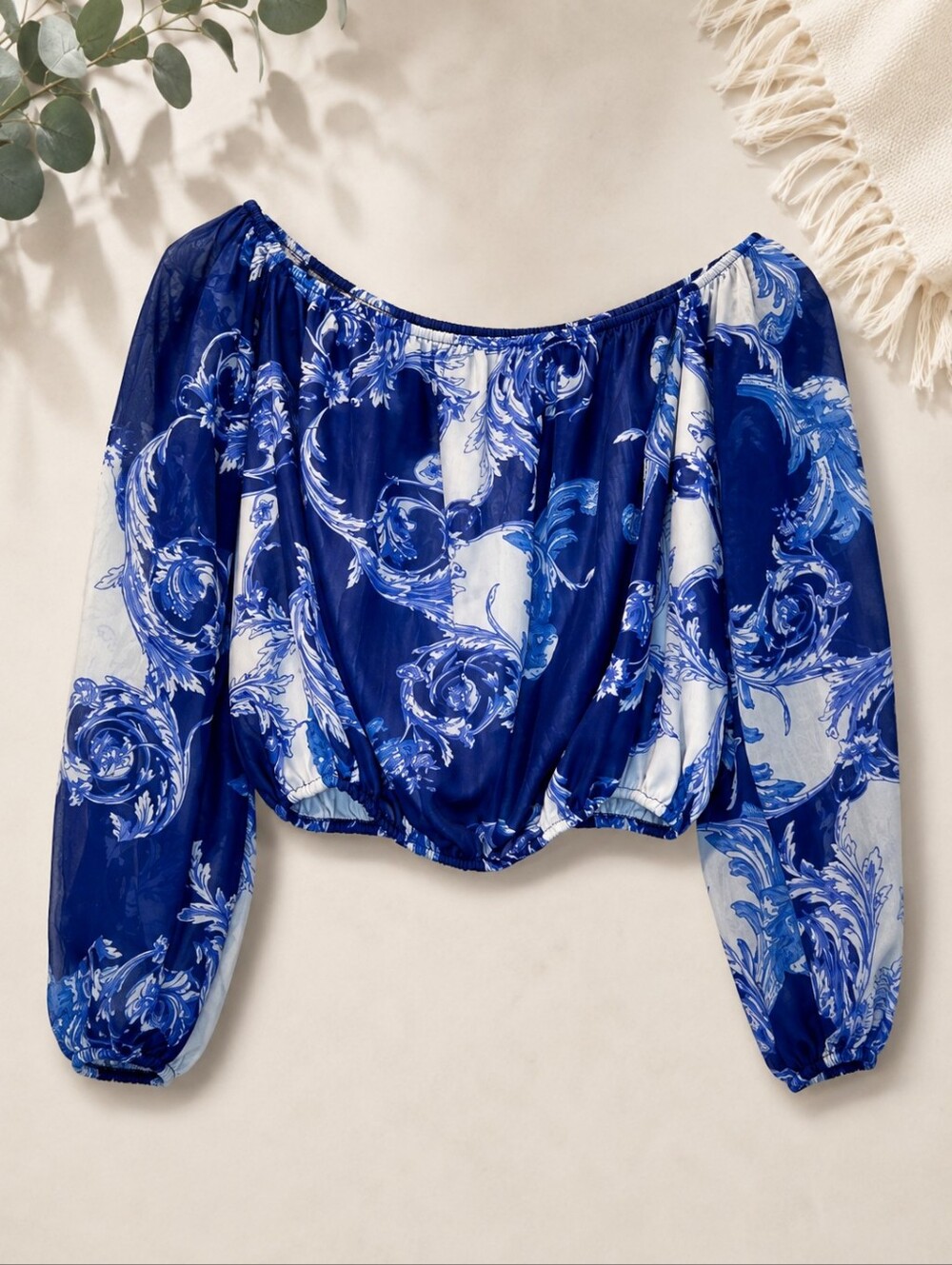 🕯Express Blue Baroque Scarf Print Off Shoulder Puff Sleeve Top M